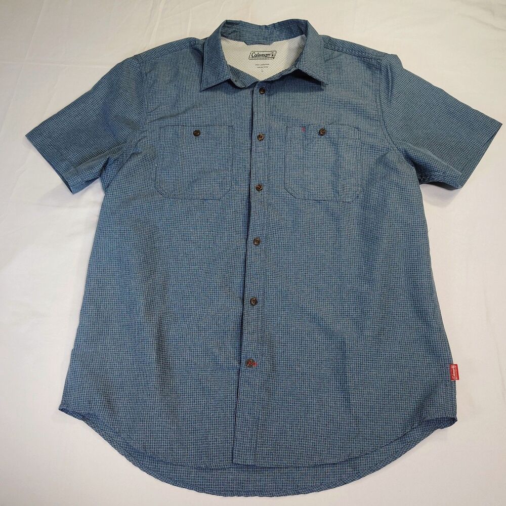 Coleman Blue Gingham Plaid Vented Camp Fish Short Sleeve Button Up Shirt Sz L